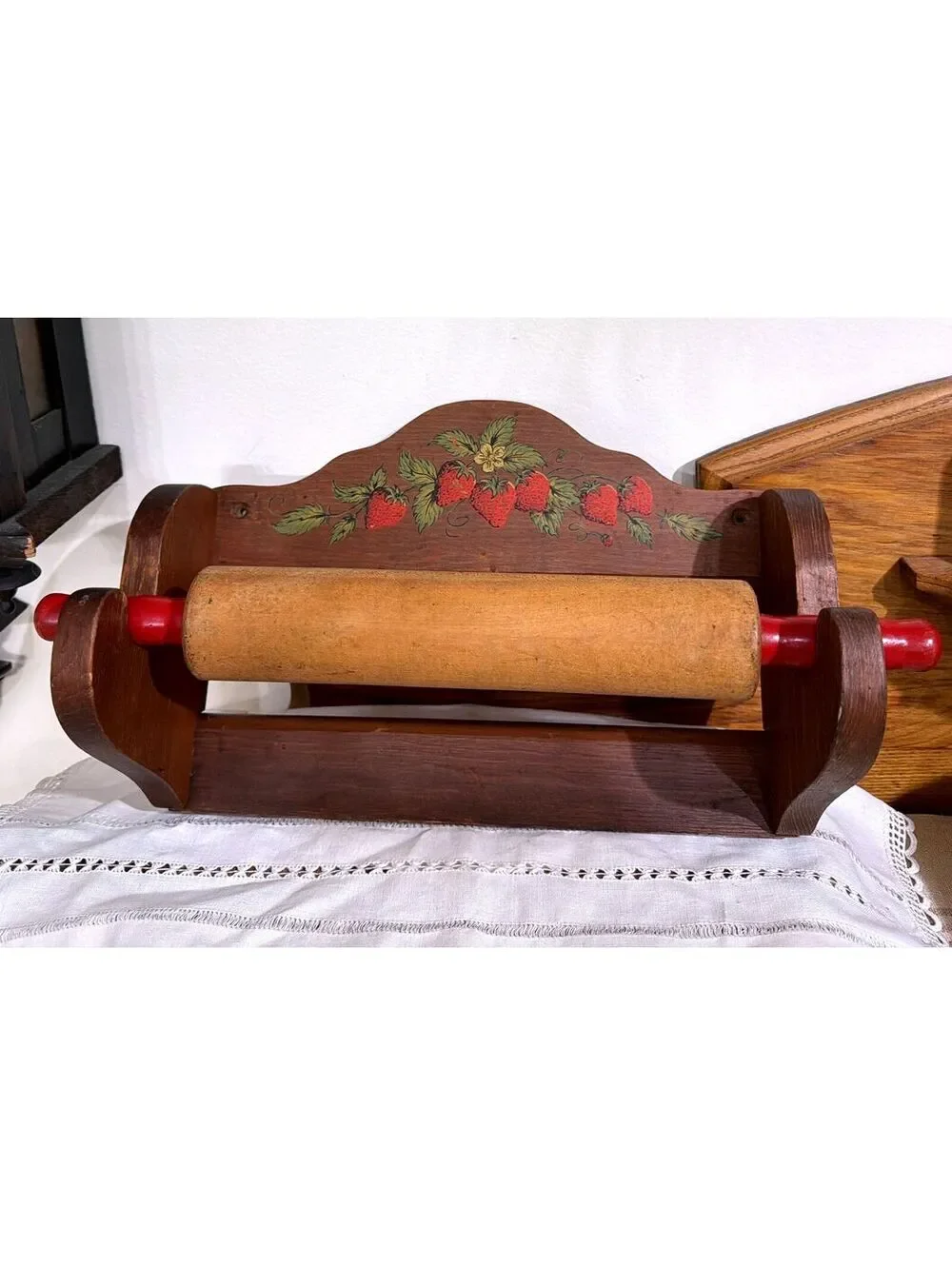 Rolling Pin & Holder Wood VTG Kitchen Display Red Strawberry Paper Towel Retro